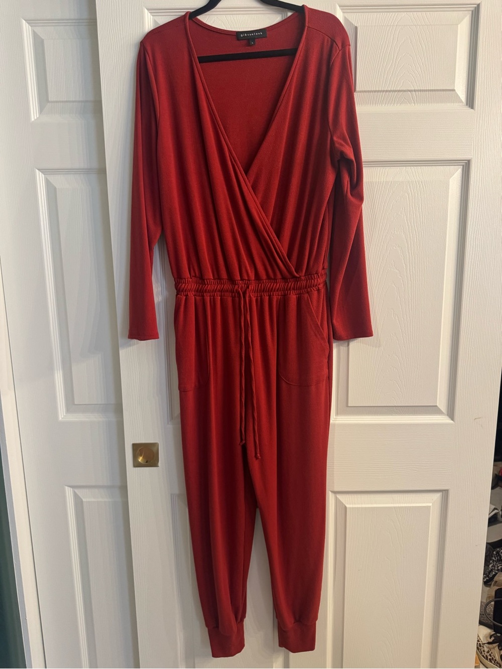 Worthington Rust Red Long-Sleeve Wrap Jumpsuit